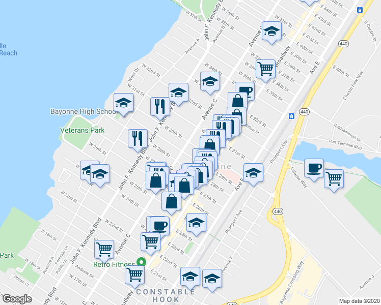 map of restaurants, bars, coffee shops, grocery stores, and more near 650 Avenue C in Bayonne