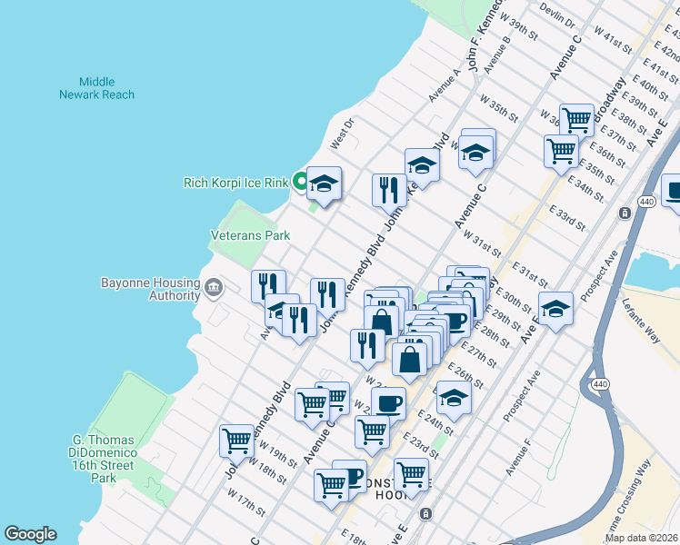 map of restaurants, bars, coffee shops, grocery stores, and more near 122 West 27th Street in Bayonne