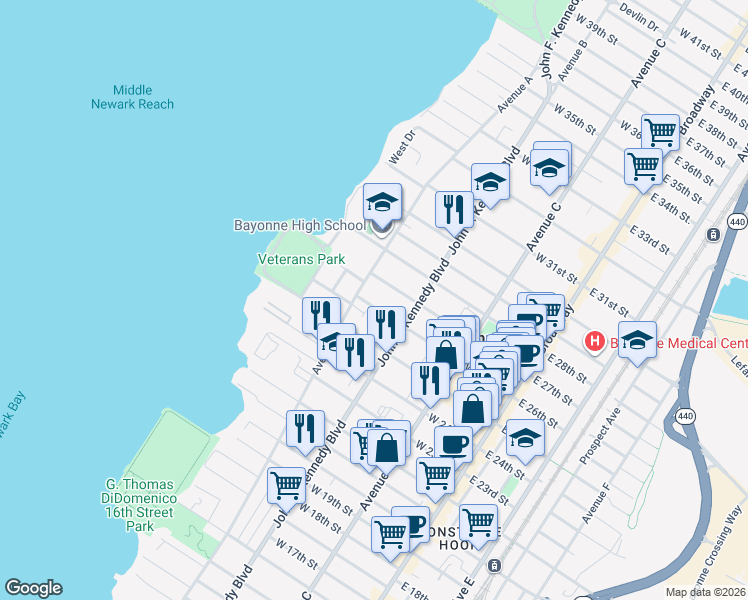 map of restaurants, bars, coffee shops, grocery stores, and more near 610 Avenue A in Bayonne