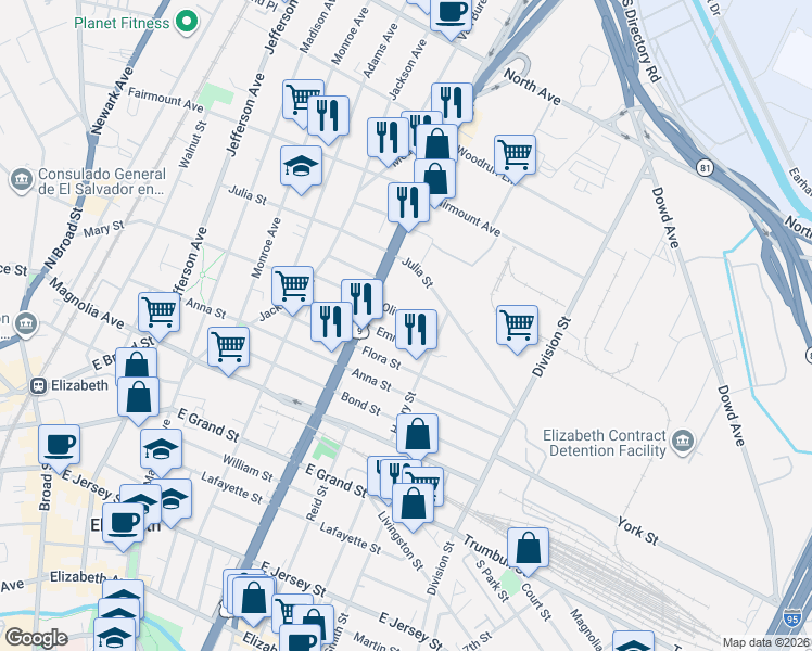 map of restaurants, bars, coffee shops, grocery stores, and more near 922-924 Olive Street in Elizabeth
