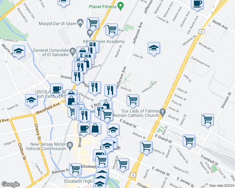 map of restaurants, bars, coffee shops, grocery stores, and more near 415 Jefferson Avenue in Elizabeth