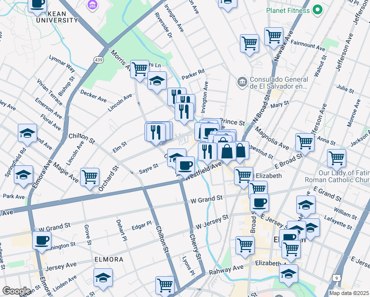 map of restaurants, bars, coffee shops, grocery stores, and more near 49 Sayre Street in Elizabeth