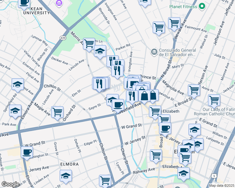 map of restaurants, bars, coffee shops, grocery stores, and more near 49 Sayre Street in Elizabeth