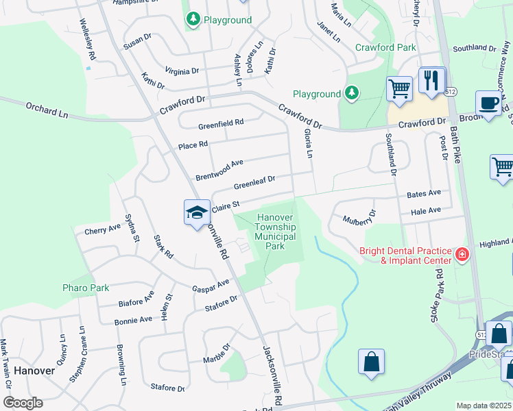 map of restaurants, bars, coffee shops, grocery stores, and more near 1145 Claire Street in Bethlehem