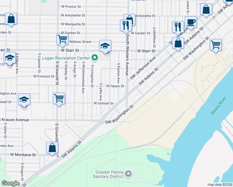 map of restaurants, bars, coffee shops, grocery stores, and more near 1619 South Easton Avenue in Peoria