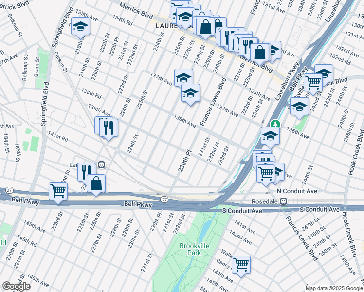 map of restaurants, bars, coffee shops, grocery stores, and more near 230-03 139th Avenue in Queens