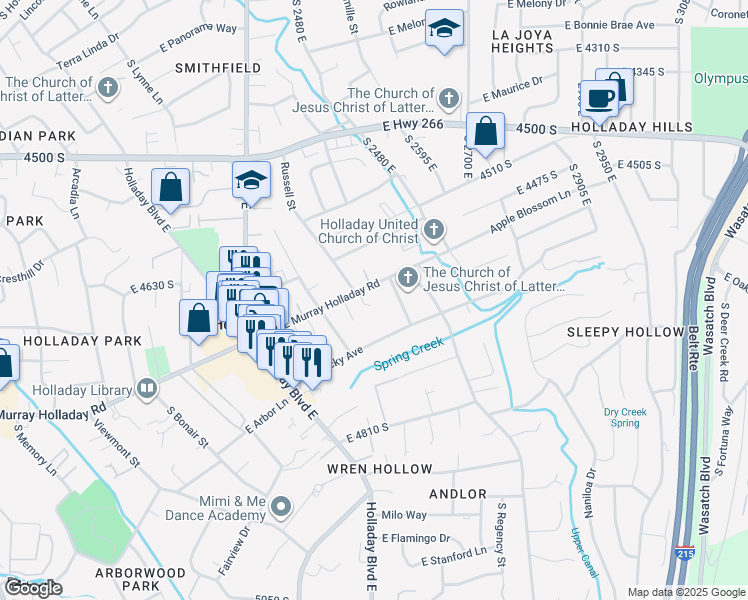map of restaurants, bars, coffee shops, grocery stores, and more near 2524 East Murray Holladay Road in Holladay
