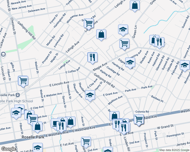 map of restaurants, bars, coffee shops, grocery stores, and more near 400 Galloping Hill Road in Roselle Park