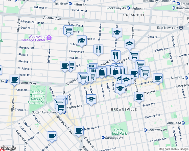 map of restaurants, bars, coffee shops, grocery stores, and more near 1812 Saint Johns Place in Brooklyn