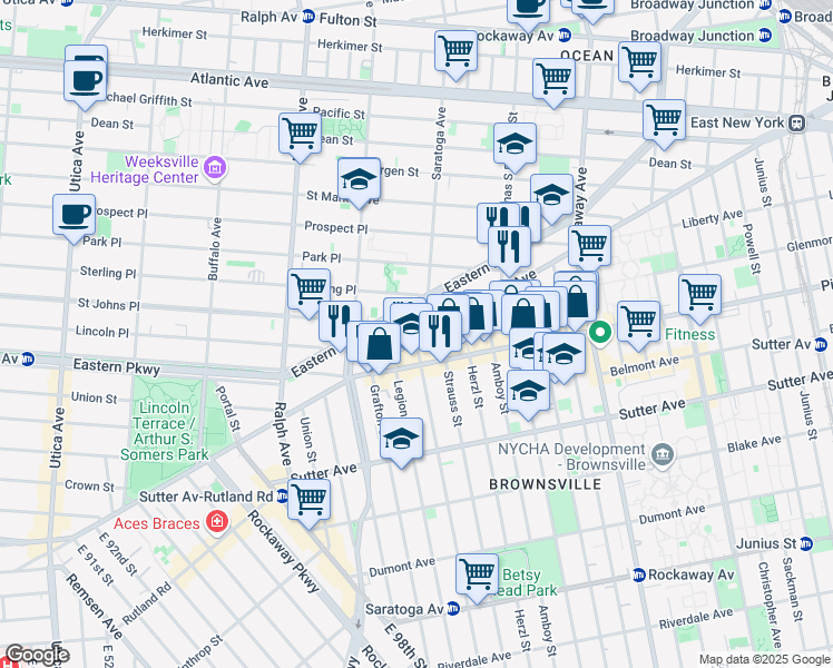 map of restaurants, bars, coffee shops, grocery stores, and more near 1812 Saint Johns Place in Brooklyn