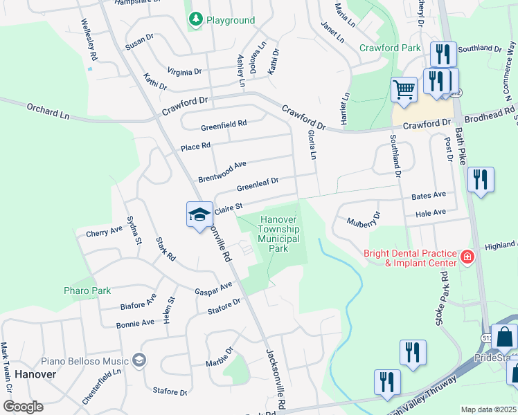 map of restaurants, bars, coffee shops, grocery stores, and more near 1145 Claire Street in Bethlehem