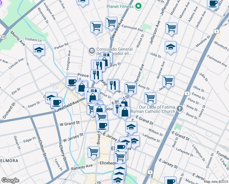 map of restaurants, bars, coffee shops, grocery stores, and more near 322 Walnut Street in Elizabeth