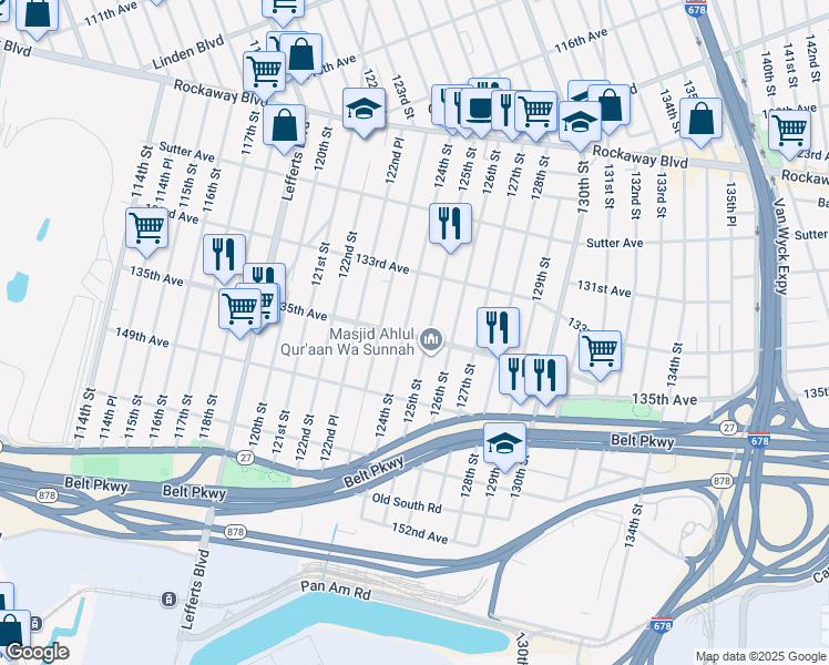 map of restaurants, bars, coffee shops, grocery stores, and more near 124-9 135th Avenue in Queens