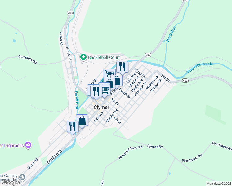 map of restaurants, bars, coffee shops, grocery stores, and more near 61 Franklin Street in Clymer
