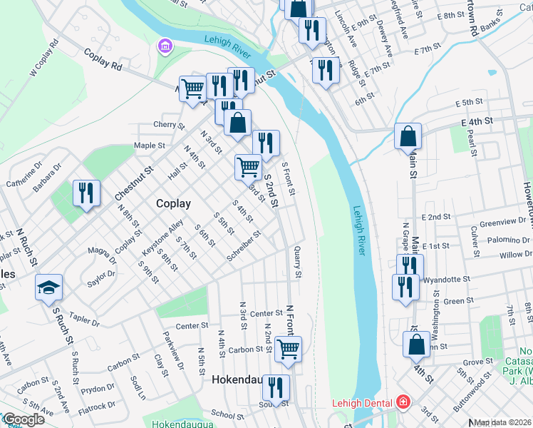 map of restaurants, bars, coffee shops, grocery stores, and more near 137 South 4th Street in Coplay