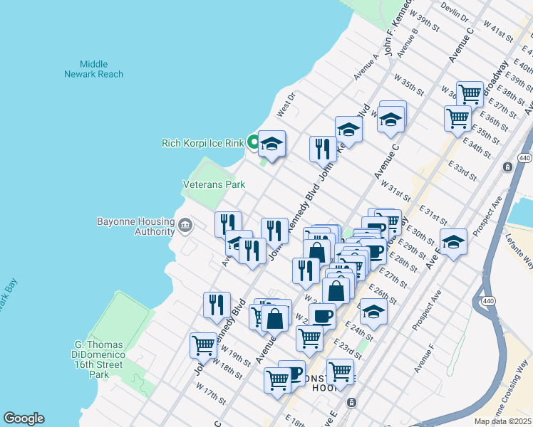 map of restaurants, bars, coffee shops, grocery stores, and more near 610 Avenue A in Bayonne