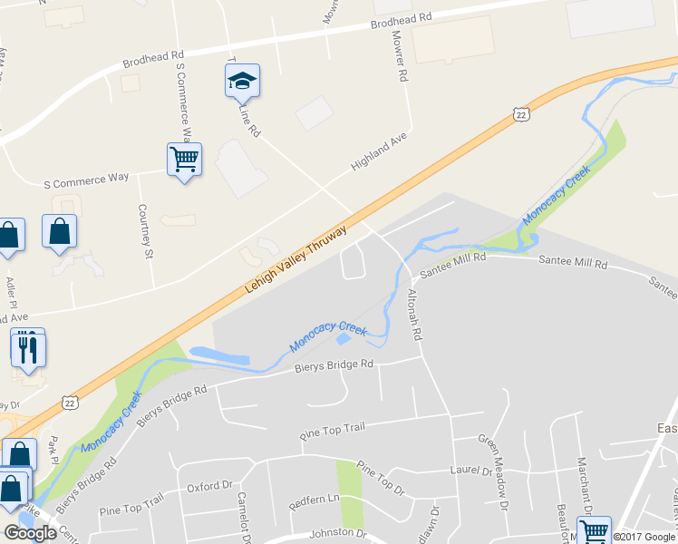 map of restaurants, bars, coffee shops, grocery stores, and more near 3665 Cottage Drive in Bethlehem