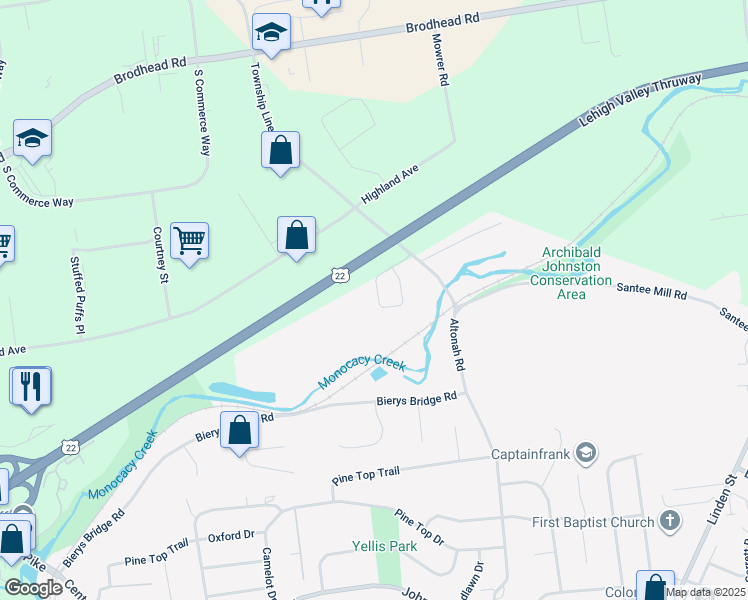 map of restaurants, bars, coffee shops, grocery stores, and more near 3665 Cottage Drive in Bethlehem