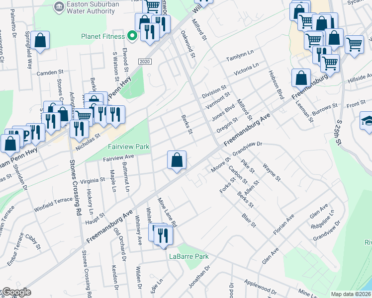 map of restaurants, bars, coffee shops, grocery stores, and more near 3312 Oregon Street in Easton