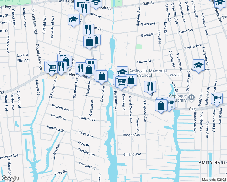 map of restaurants, bars, coffee shops, grocery stores, and more near 217 Merrick Road in Amityville