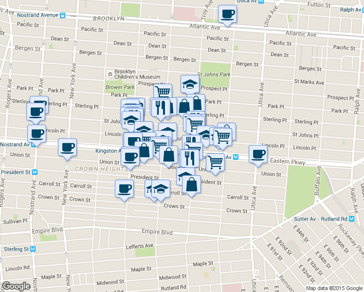 map of restaurants, bars, coffee shops, grocery stores, and more near 919 Eastern Parkway in Brooklyn