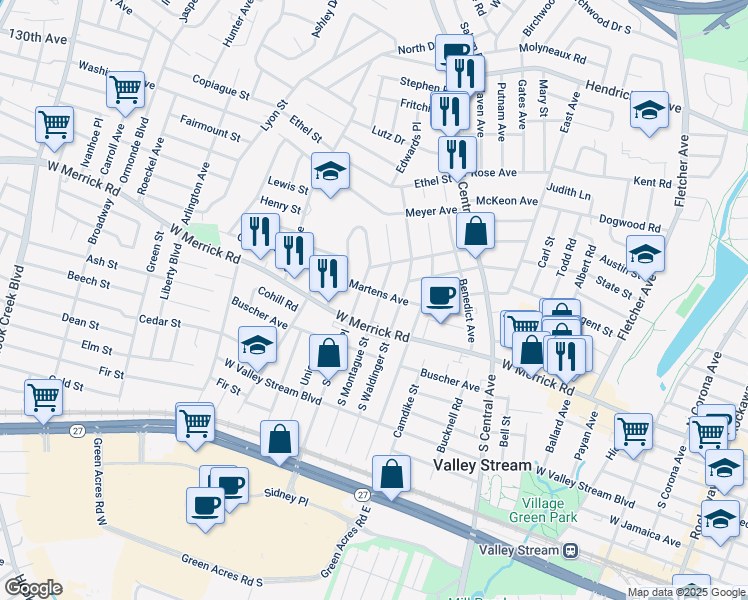map of restaurants, bars, coffee shops, grocery stores, and more near 32 North Montague Street in Valley Stream