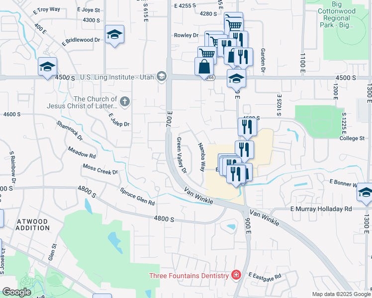 map of restaurants, bars, coffee shops, grocery stores, and more near 4638 South Tina Way in Murray