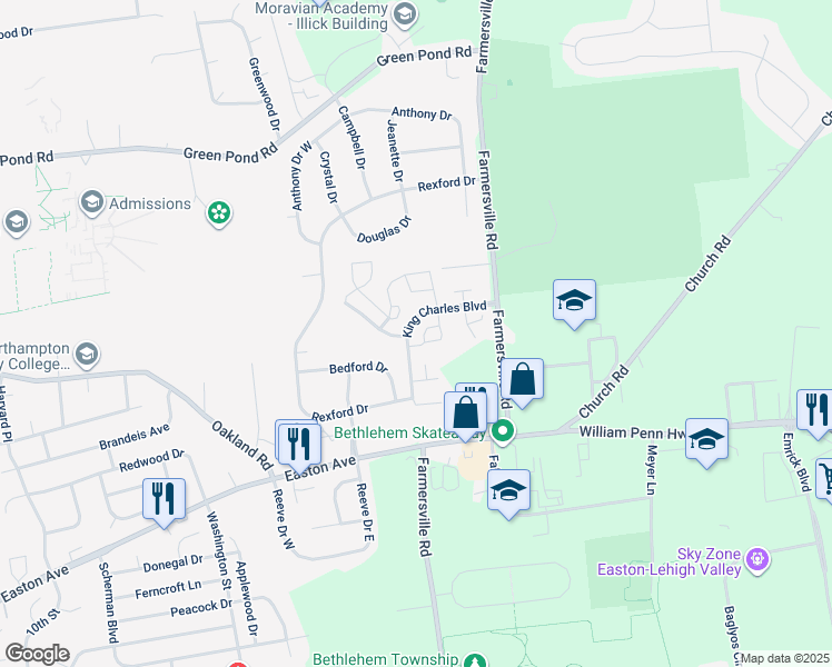map of restaurants, bars, coffee shops, grocery stores, and more near 110 Founders Court in Bethlehem