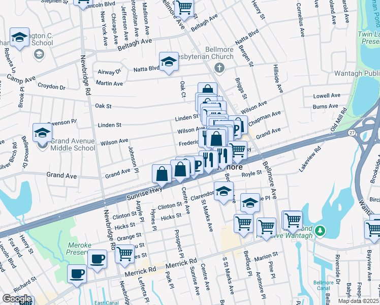 map of restaurants, bars, coffee shops, grocery stores, and more near 2635 Grand Avenue in Bellmore