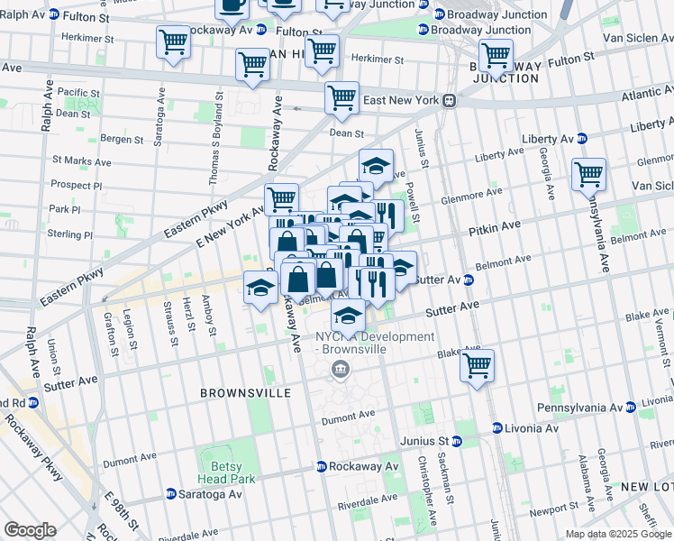 map of restaurants, bars, coffee shops, grocery stores, and more near 138 Watkins Street in Brooklyn