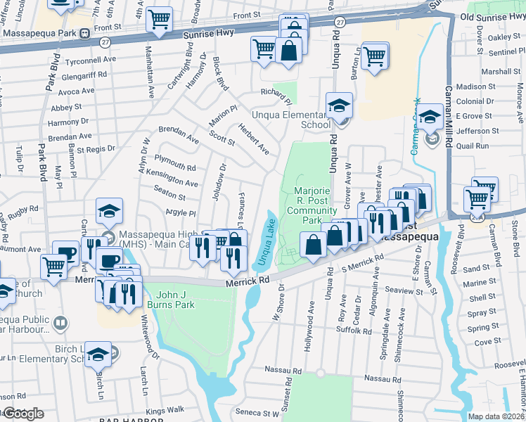 map of restaurants, bars, coffee shops, grocery stores, and more near 53 Block Boulevard in Massapequa Park