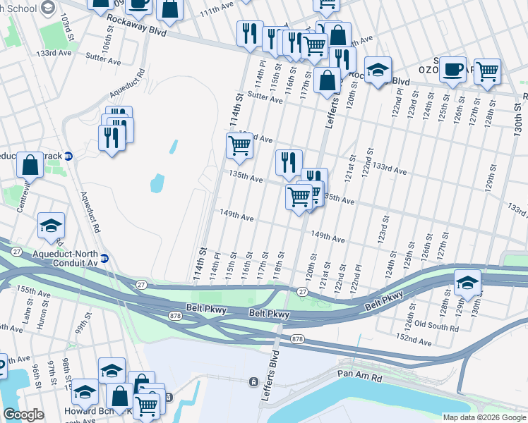 map of restaurants, bars, coffee shops, grocery stores, and more near 116-03 149th Avenue in Queens