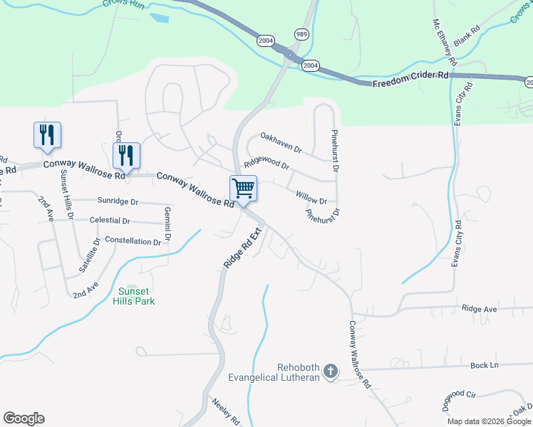 map of restaurants, bars, coffee shops, grocery stores, and more near 2305 Conway Wallrose Road in Freedom