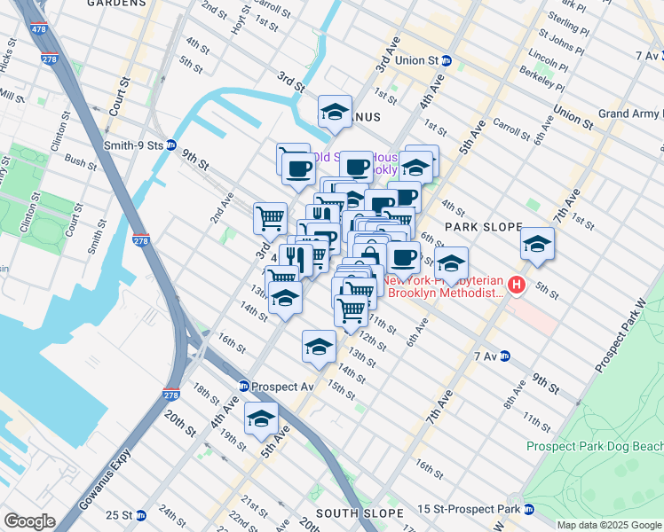 map of restaurants, bars, coffee shops, grocery stores, and more near 303 10th Street in Brooklyn