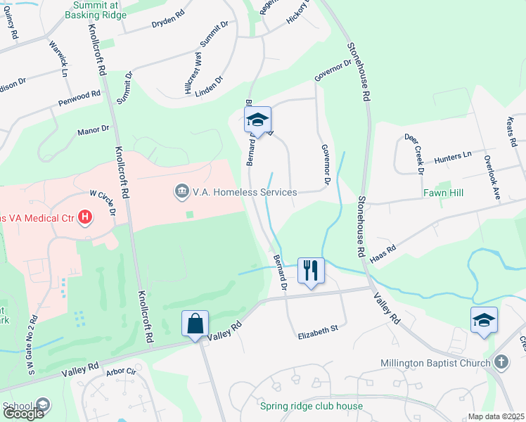 map of restaurants, bars, coffee shops, grocery stores, and more near 61 Bernard Drive in Bernards