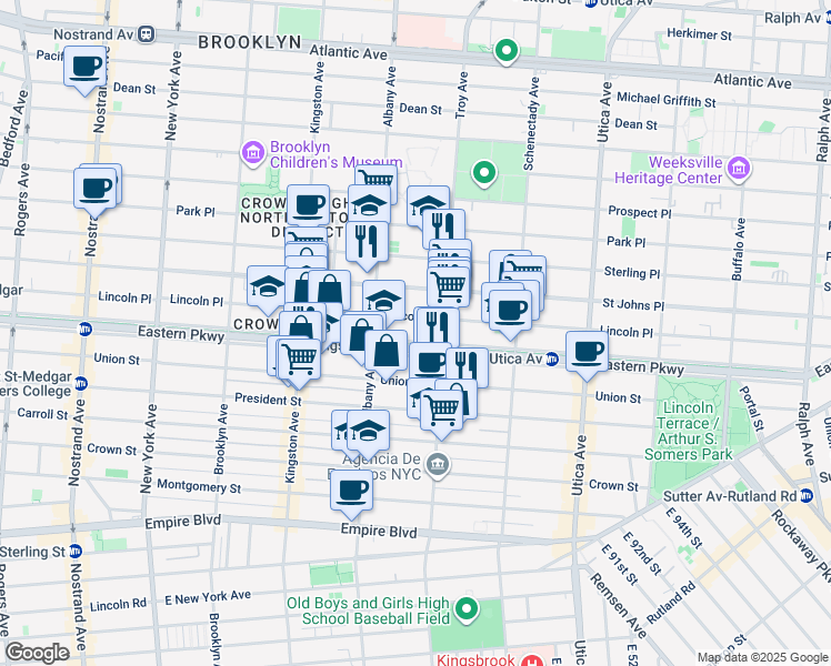 map of restaurants, bars, coffee shops, grocery stores, and more near 919 Eastern Parkway in Brooklyn