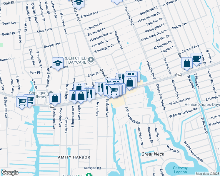 map of restaurants, bars, coffee shops, grocery stores, and more near 155 Great Neck Rd in Copiague