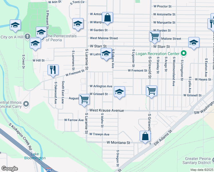 map of restaurants, bars, coffee shops, grocery stores, and more near in Peoria
