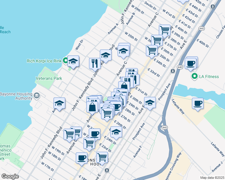 map of restaurants, bars, coffee shops, grocery stores, and more near 45 West 29th Street in Bayonne