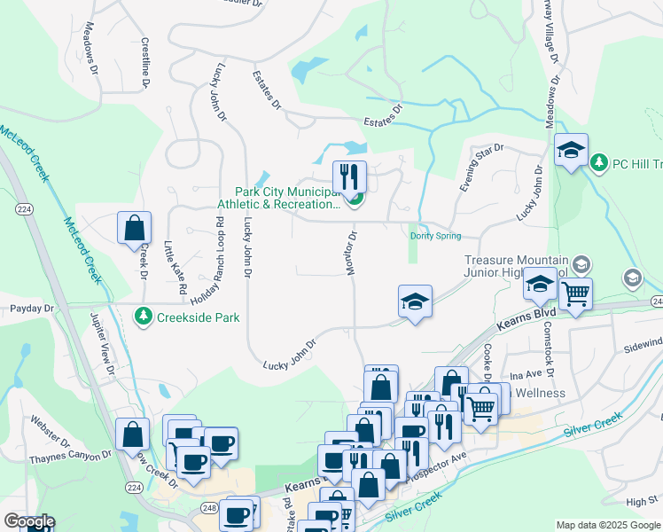 map of restaurants, bars, coffee shops, grocery stores, and more near 1396 Moray Court in Park City