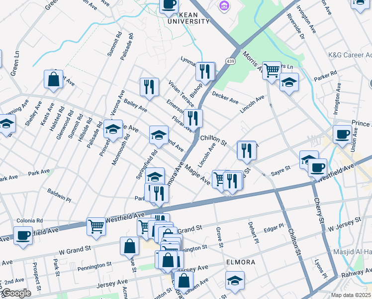 map of restaurants, bars, coffee shops, grocery stores, and more near 422 Elmora Avenue in Elizabeth