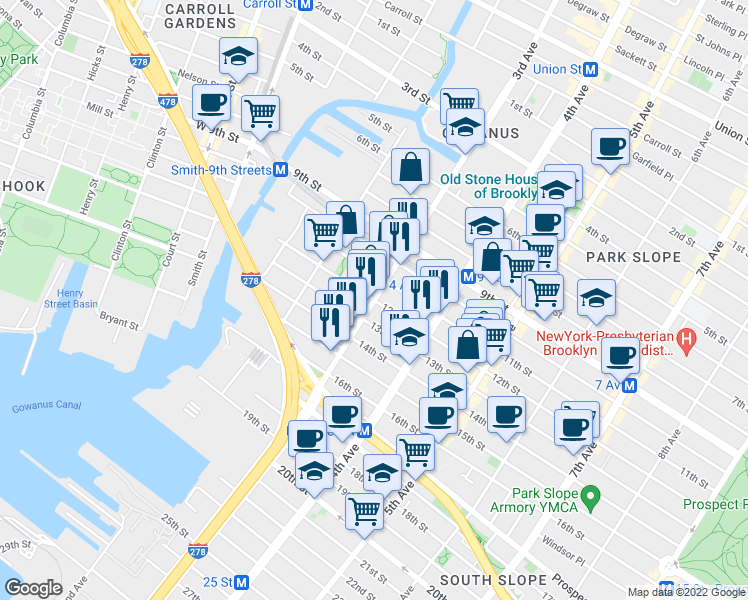 map of restaurants, bars, coffee shops, grocery stores, and more near 3rd Ave & 12th St in Brooklyn