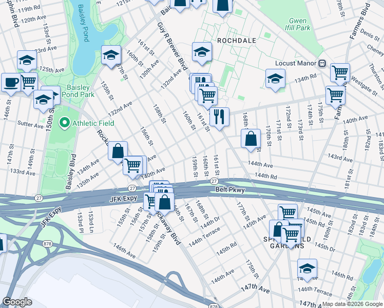 map of restaurants, bars, coffee shops, grocery stores, and more near 137-36 159th Street in Queens