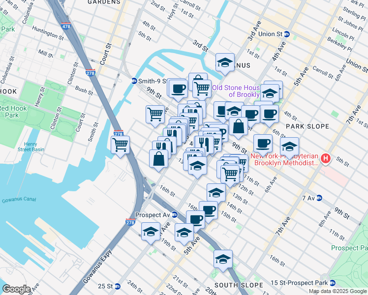 map of restaurants, bars, coffee shops, grocery stores, and more near 171 12th Street in Brooklyn