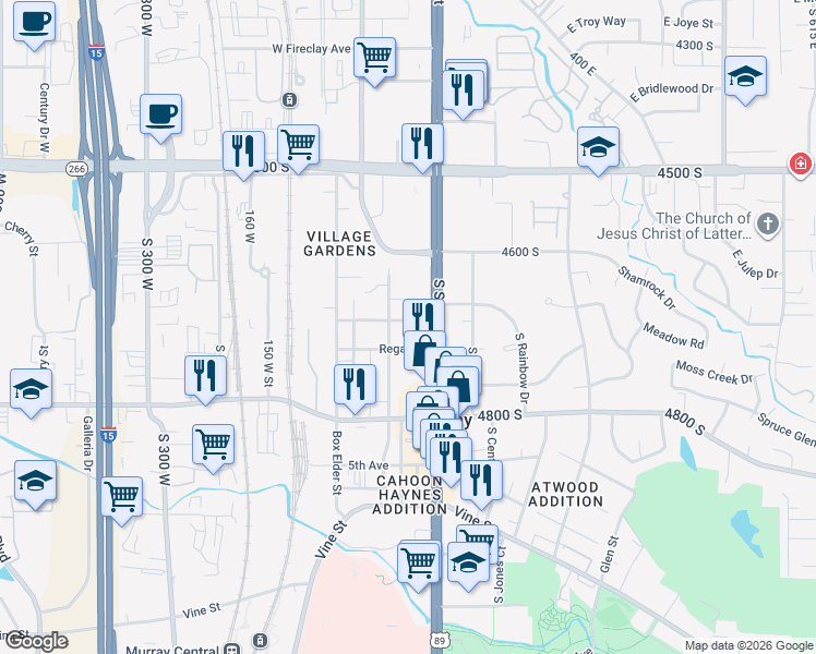 map of restaurants, bars, coffee shops, grocery stores, and more near 62 E Miller St in Murray