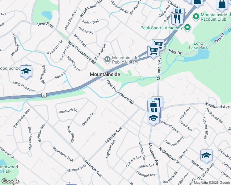 map of restaurants, bars, coffee shops, grocery stores, and more near 171 New Providence Road in Mountainside