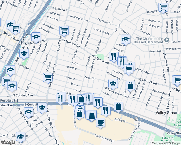map of restaurants, bars, coffee shops, grocery stores, and more near Liberty Boulevard in Valley Stream