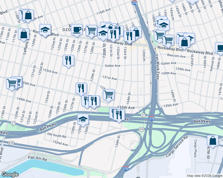 map of restaurants, bars, coffee shops, grocery stores, and more near 131-49 131st Street in Queens