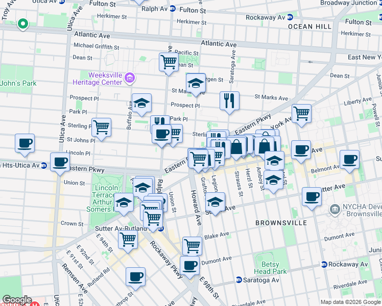 map of restaurants, bars, coffee shops, grocery stores, and more near 1457 Eastern Parkway in Brooklyn