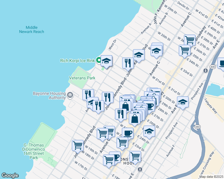 map of restaurants, bars, coffee shops, grocery stores, and more near 122 West 27th Street in Bayonne